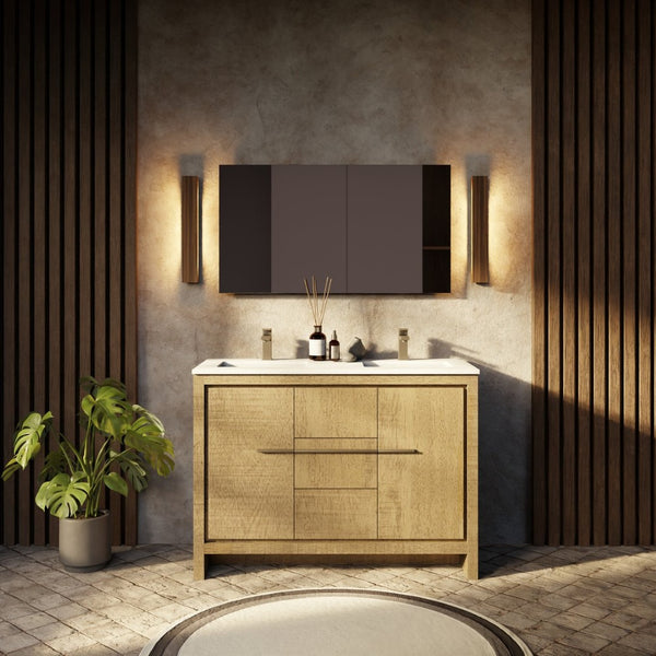 English Elm Rustic Acacia Double Bath Vanity 48" W With White Quartz Top & Gun Metal Faucet - Stylish Storage! B2731P259203-GIGA