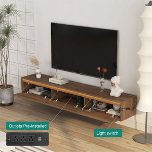 English Elm Floating TV Stand with LED Touch Light, Built-In Power & USB Ports, High-Gloss Wood TV Cabinet, Hidden Cord Management and Ample Storage for Living Room Entertainment W1321P272342