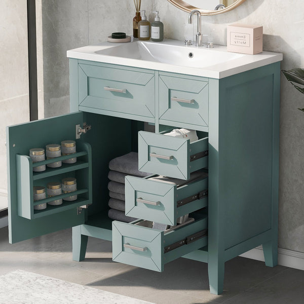 English Elm 30" Modern Bathroom Vanity with Sink Combo — Solid Rubberwood & MDF, 3 Drawers, Freestanding Contemporary Design Green N725P246482F