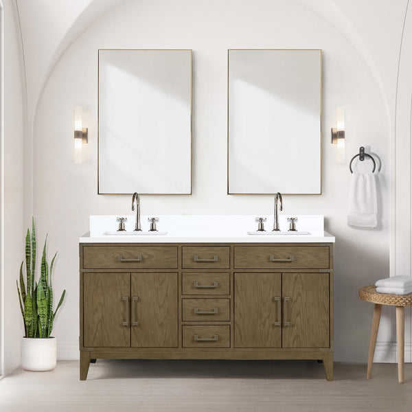 English Elm Grey Oak Double Bath Vanity With White Quartz Top – Stylish 60” W X 22” D, Ample Storage & Soft-Close B2731P259855