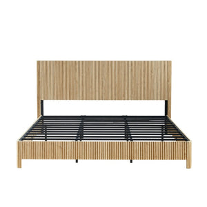 English Elm Queen Bed Frame with Led Lighting Curved Groove Panels and Floating Base Modern Bedroom W1820S00067