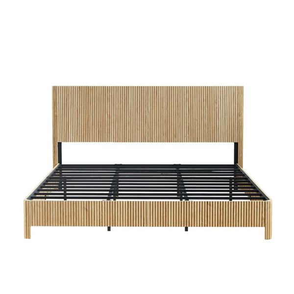 English Elm Queen Bed Frame with Led Lighting Curved Groove Panels and Floating Base Modern Bedroom W1820S00067
