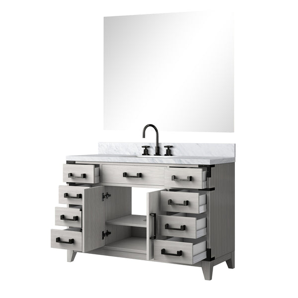 English Elm White Oak Single Bath Vanity 48" W x 22" D with Polished Carrara Marble Top, Chrome Faucet & 46" Mirror B2731S02017