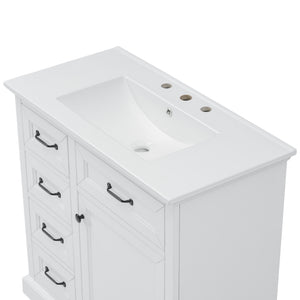English Elm 36-Inch Modern Bathroom Vanity with Ceramic Basin, 4 Drawers & Soft-Close Door, Pre-Drilled Faucet Ready, Durable MDF and Solid Wood Construction (36"L x 18.3"W x 33.4"H) White N725P296118K