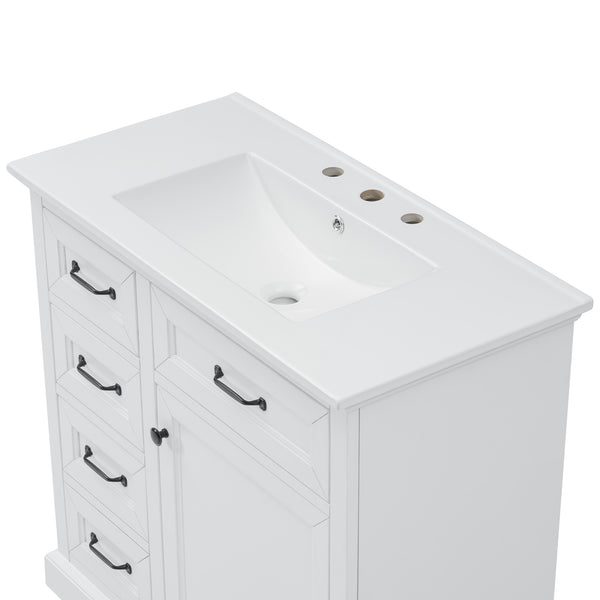 English Elm 36-Inch Modern Bathroom Vanity with Ceramic Basin, 4 Drawers & Soft-Close Door, Pre-Drilled Faucet Ready, Durable MDF and Solid Wood Construction (36"L x 18.3"W x 33.4"H) White N725P296118K