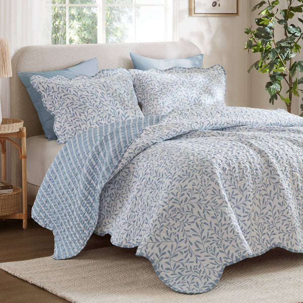 English Elm 5-piece Cotton Dobby Botanical Duvet Set with Embroidered Coastal Throw Pillows B035P463290