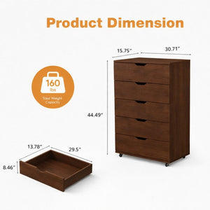English Elm 5 Drawer Rolling Chest Distressed Finish Mobile Bedroom Storage Cabinet on Caster Wheels Dark Brown B372P444033