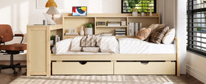 English Elm Twin Corner Daybed Pine Frame Built in Desk Bookcase Drawers Charging Kids Room Natural W697S00042