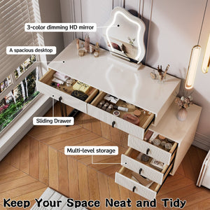 English Elm Adjustable-length Makeup Vanity with Cloud Led Mirror Ribbed Drawers and Modular Storage W3767P441919