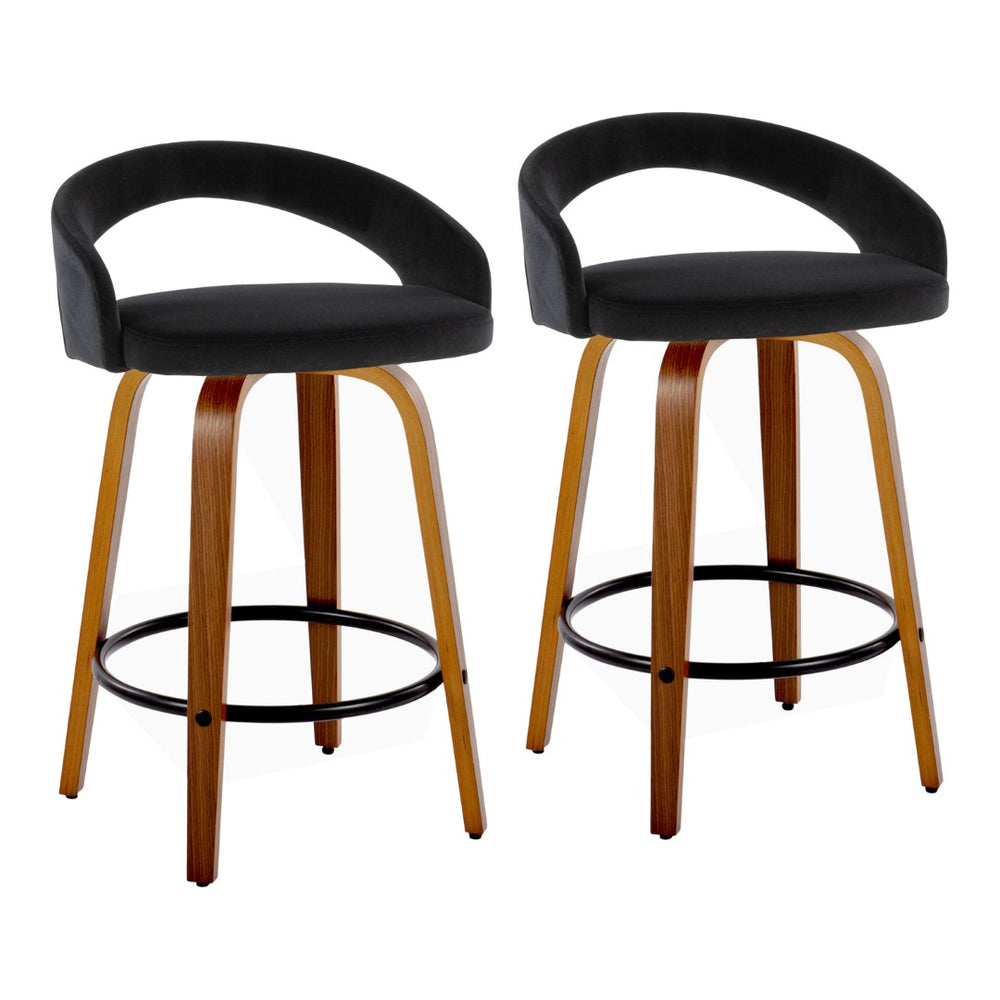 English Elm Fixed-height Swivel Counterstools Mahogany Wood Chrome Footrest Velvet Seat Set of 2 Black B202S01777
