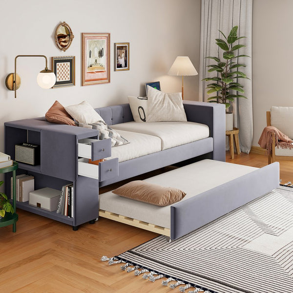 English Elm Twin Upholstered Bed with Trundle and Storage Drawers, USB Ports, French Velvet Luxurious Feel Gray SF000184AAE