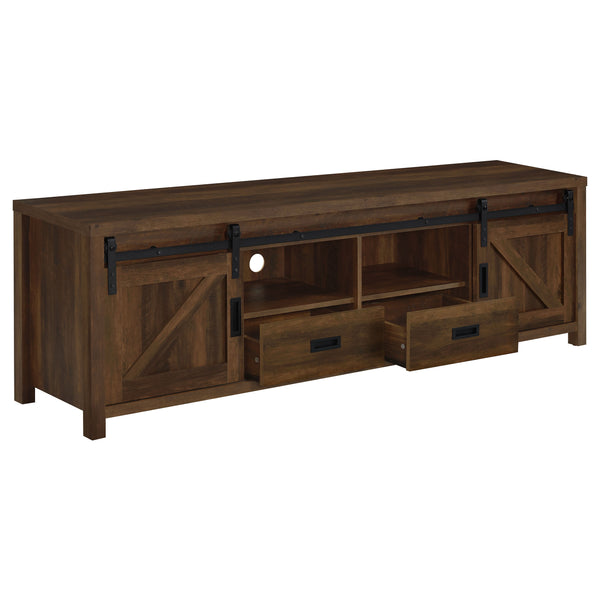 English Elm Madra Dark Pine TV Stand with Sliding Doors, 2-Drawer Storage, Rustic Modern Engineered Wood Console B062P344954