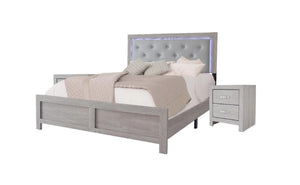 English Elm 1pc Modern Queen Panel Bed with LED Headboard, Faux Leather Upholstery, Button-Tufted Elegant Design Beige 82.3 L x 28 W x 10 H B011P244366