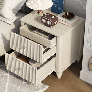 English Elm Fluted Oak Finish 3-drawer Nightstand Set of Two Mid Century Bedroom Side Tables Beige W5819P481449