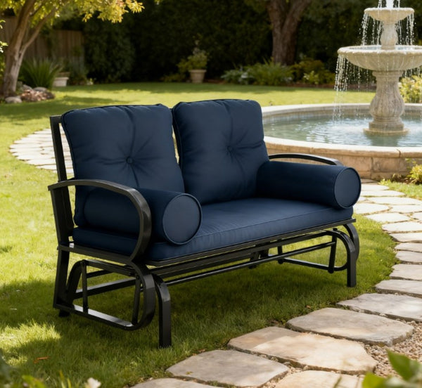 English Elm Double Glider Patio Loveseat with Powder Coated Steel Frame and Cushioned Armrest Pillows T3971P420605