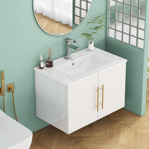 English Elm 30-Inch Sleek White Gloss Wall-Mounted Bathroom Vanity With Gold Handles & Soft-Close Doors, Easy Install W3151S00052