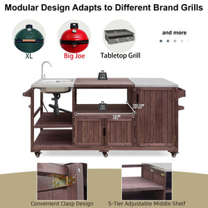 English Elm K&k Solid Fir Outdoor Kitchen Island with Sink Stainless Steel Top and Grill Cutout Brown N707S000022Z