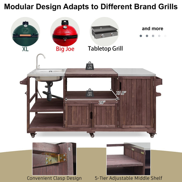 English Elm K&k Solid Fir Outdoor Kitchen Island with Sink Stainless Steel Top and Grill Cutout Brown N707S000022Z