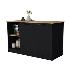 English Elm Mercury Kitchen Island with 59" Spacious Countertop, Dual Cabinets & Open Shelves — Modern Storage B128S00036