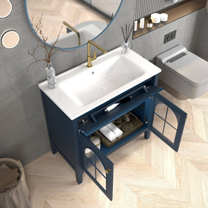 English Elm 35.6" Freestanding Bathroom Vanity with Roman Column Base and Ceramic Integrated Sink Blue W1801S00013