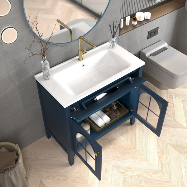 English Elm 35.6" Freestanding Bathroom Vanity with Roman Column Base and Ceramic Integrated Sink Blue W1801S00013