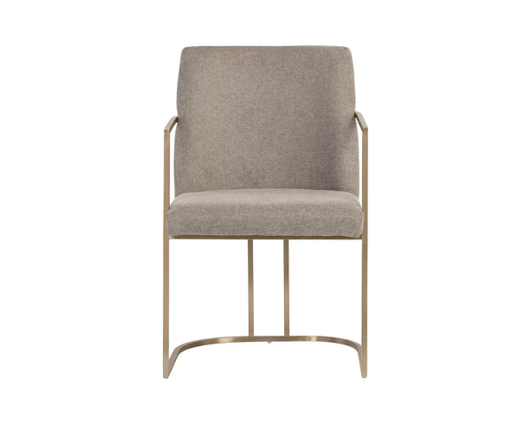 Sunpan Rayla Dining Armchair - Elegant Cantilever Design with Antique Brass Frame for Stylish Interiors Belfast Oyster Shell