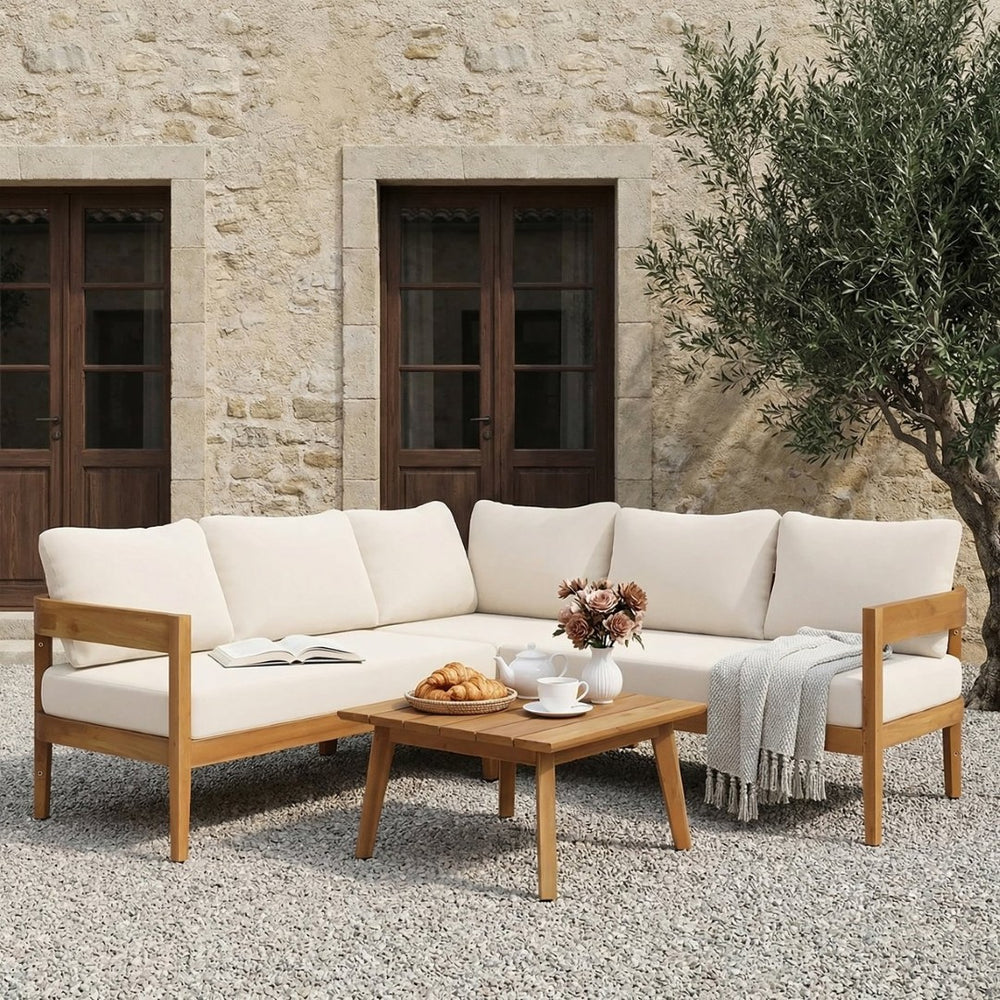 English Elm Brooklyn Outdoor 4 Piece Acacia Wood Sectional Set with Beige Cushions Teak Finish N773OS00143B