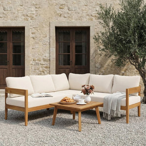 English Elm Brooklyn Outdoor 4 Piece Acacia Wood Sectional Set with Beige Cushions Teak Finish N773OS00143B