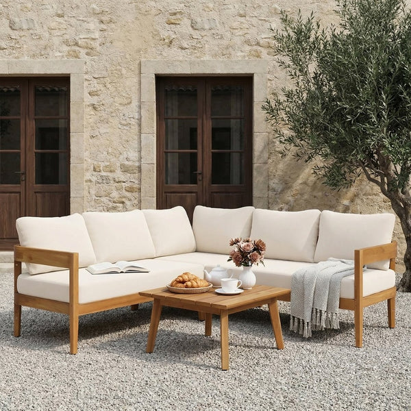 English Elm Brooklyn Outdoor 4 Piece Acacia Wood Sectional Set with Beige Cushions Teak Finish N773OS00143B