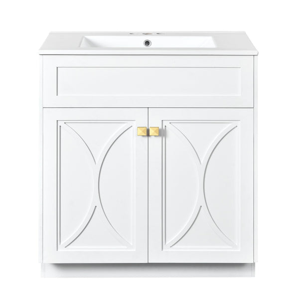 English Elm 60'' Bathroom Vanity Set With Glossy Ceramic Sink, Modern Cabinet, Gold Handles & Soft-Close Doors N710SS00005K
