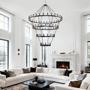 English Elm 69.3 Inch Four Tier Wagon Wheel Chandelier Matte Black Metal 80 Light Farmhouse Foyer W5008P392692