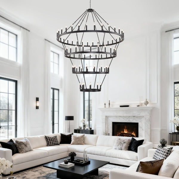 English Elm 69.3 Inch Four Tier Wagon Wheel Chandelier Matte Black Metal 80 Light Farmhouse Foyer W5008P392692