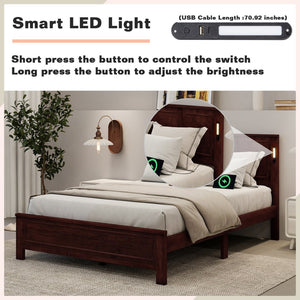 English Elm Queen Pinewood Platform Bed Farmhouse Tall Panel Headboard with Led Lighting and Usb Ports Walnut W504P391092