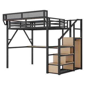 English Elm Full Loft Bed with Desk and Charging Station, Metal Loft with Stairs, Wardrobe, Shelves & Light Black W2580S00047