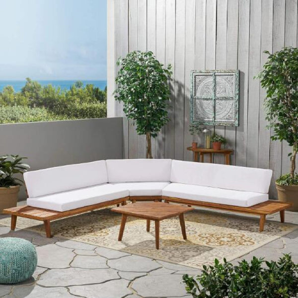 English Elm Hillcrest Solid Acacia Corner Sofa with Built-in Side Table for Outdoor Living 61288.00SBWHI-L-R-TSET