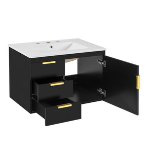 English Elm 30" Wall Mounted Bathroom Vanity with Ceramic Basin Sink, Floating Storage, Soft-Close Doors, Modern Elegance Black N710P324096B