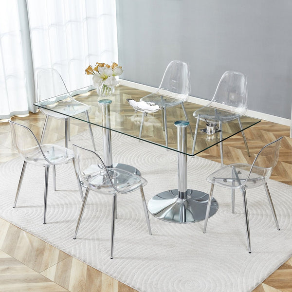 English Elm Table and Chair Set Tempered Glass Top with Six Transparent Seats for Modern Dining W1151S04556