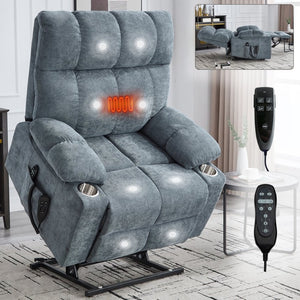English Elm Dual Motor Power Lift Recliner with Massage Heat and Leatherair Upholstery for Living Room Grey-Blue W3224P294319