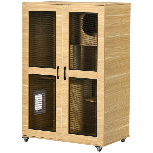 English Elm Pawhut Indoor Cat Enclosure Catio Villa with Scratching Posts Oak Furniture Style W2225P229287