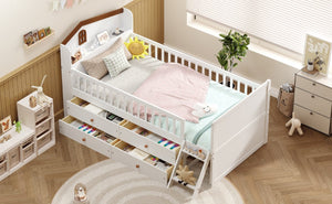English Elm Twin Bed Frame with Storage Drawers and House Headboard, Kids Platform Bed with Guardrail Ladder and Shelf White 49.3 L x 16.25 W x 7.75 H N733S278032K