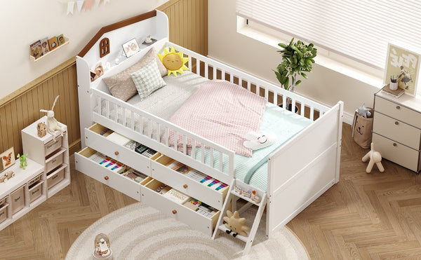 English Elm Twin Bed Frame with Storage Drawers and House Headboard, Kids Platform Bed with Guardrail Ladder and Shelf White 49.3 L x 16.25 W x 7.75 H N733S278032K