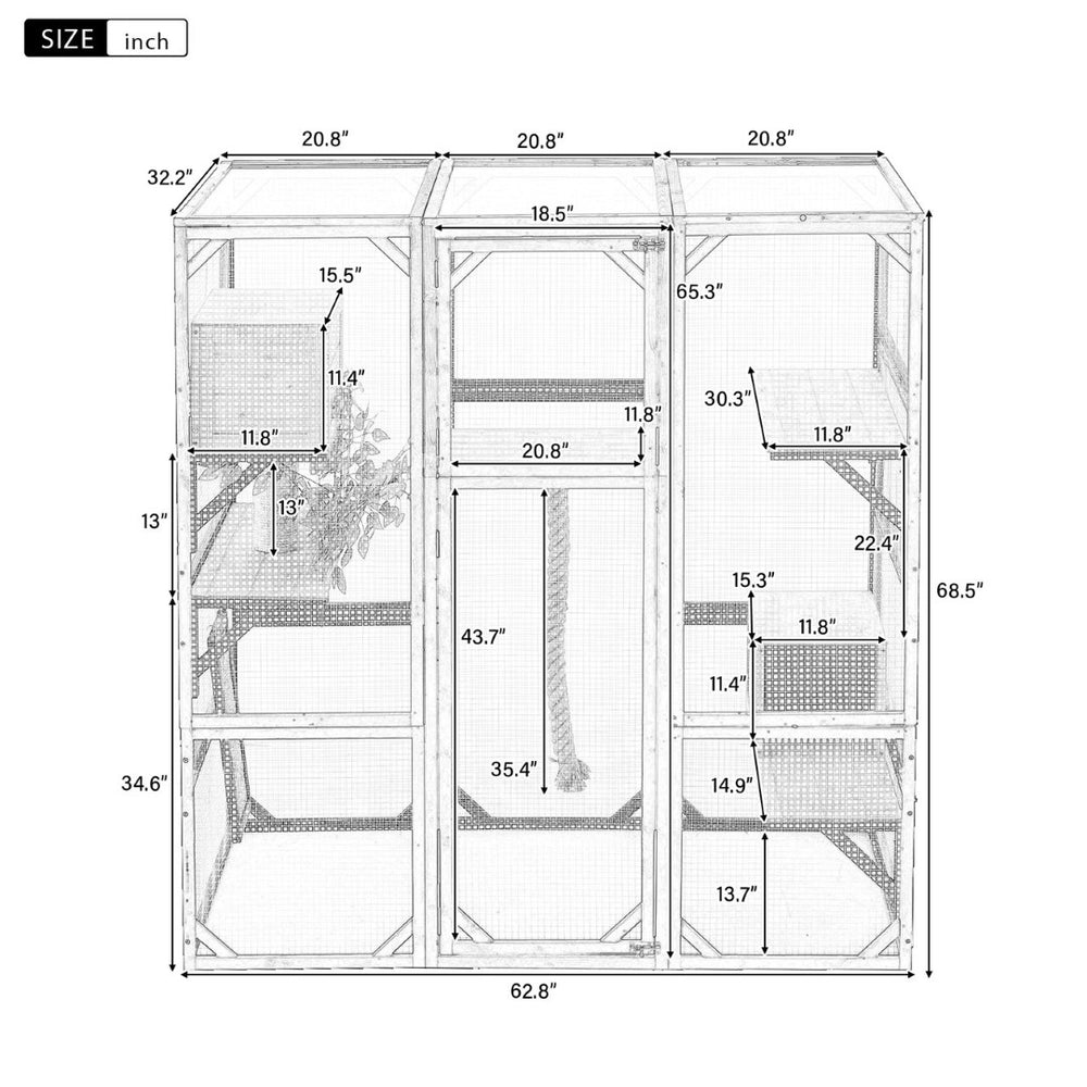 English Elm Outdoor Pine Wood Catio Enclosure with Platforms Condos and Walk-in Access for Cats N719P283198B