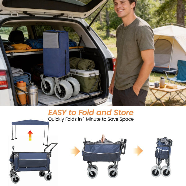 English Elm Multi-functional Folding Wagon with Canopy All Terrain Tires 480lb Steel Frame Outdoor Blue Gray W2932P417649