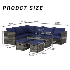 English Elm 6 Piece Outdoor Modular Sectional with Pe Wicker Cushioned Seating and Tempered Glass Table Dark Blue W874S00065