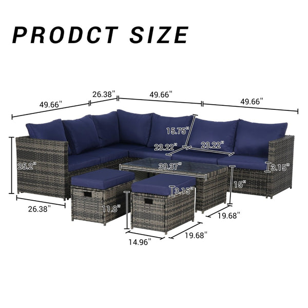 English Elm 6 Piece Outdoor Modular Sectional with Pe Wicker Cushioned Seating and Tempered Glass Table Dark Blue W874S00065