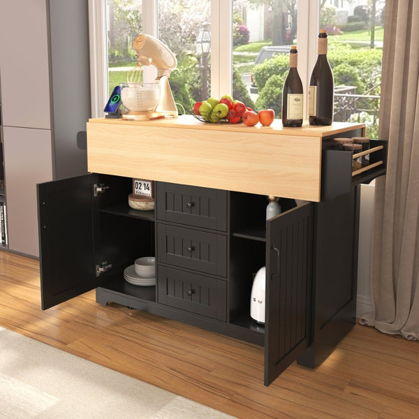 English Elm K&k Rolling Kitchen Island with Drop Leaves Power Outlet Drawers and Spice Rack Black N707S186617B