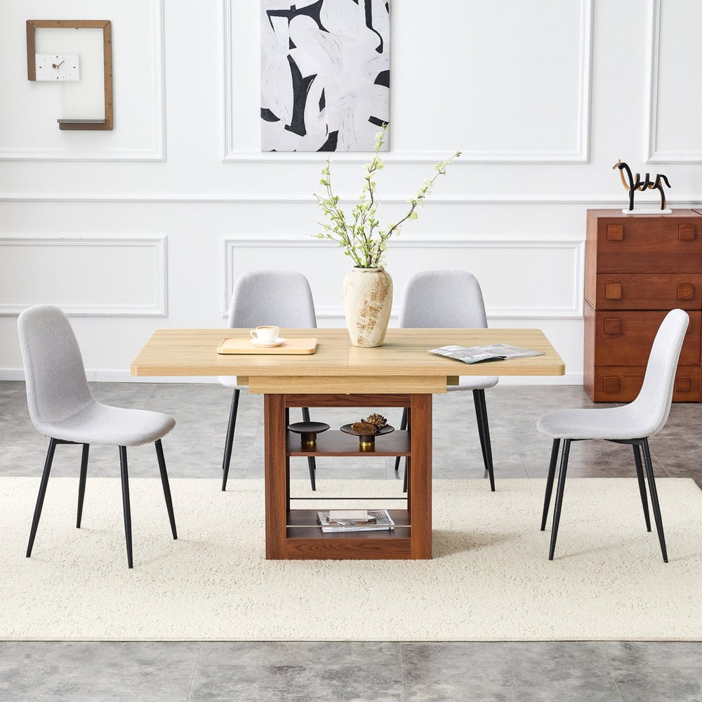 English Elm Scalable Extension Dining Set Linen Upholstered Chairs Wood Grain Table Modern Luxe W1151S04675