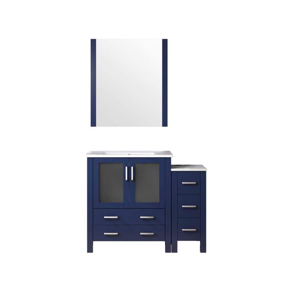 English Elm Navy Blue Bath Vanity Set With White Ceramic Top, 28" Mirror, Storage Drawers & Soft-Close Doors B2731S00950