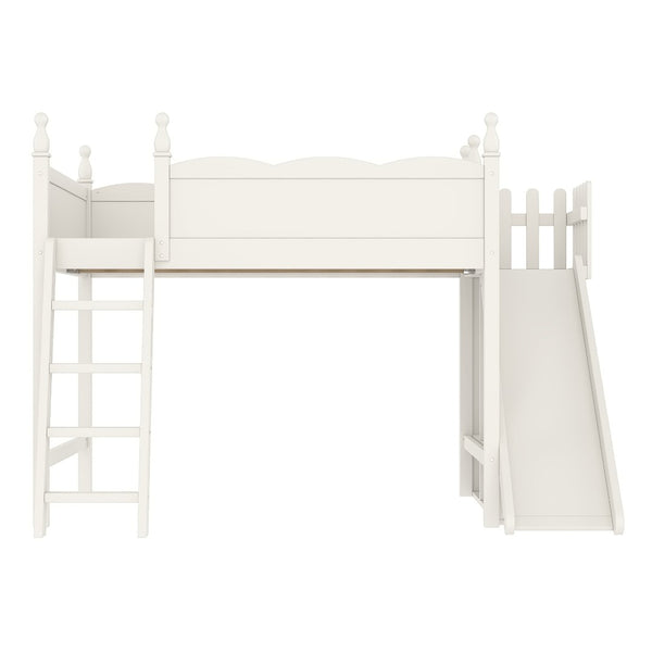 English Elm Twin Loft Bed Solid Pine Frame with Wardrobe Shelving Detachable Slide Kids Room Beige W5305S00023