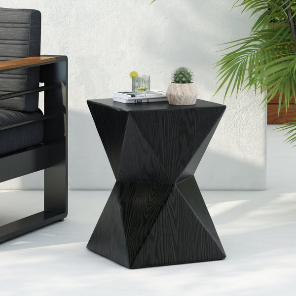 English Elm 14.25" Concrete Hourglass Outdoor Side Table Matte Black Hand Painted Patio Accent N767P192080B